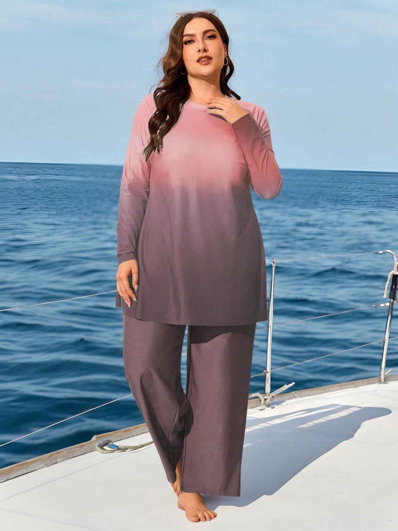 Swim Mulvari Plus Size 2pcs Ombre Gradient Print Long Sleeve Modest Bikini Swimsuit Set,Women Pink Middle Eastern Style Loose Baggy Summer Beach Holiday Vacation
