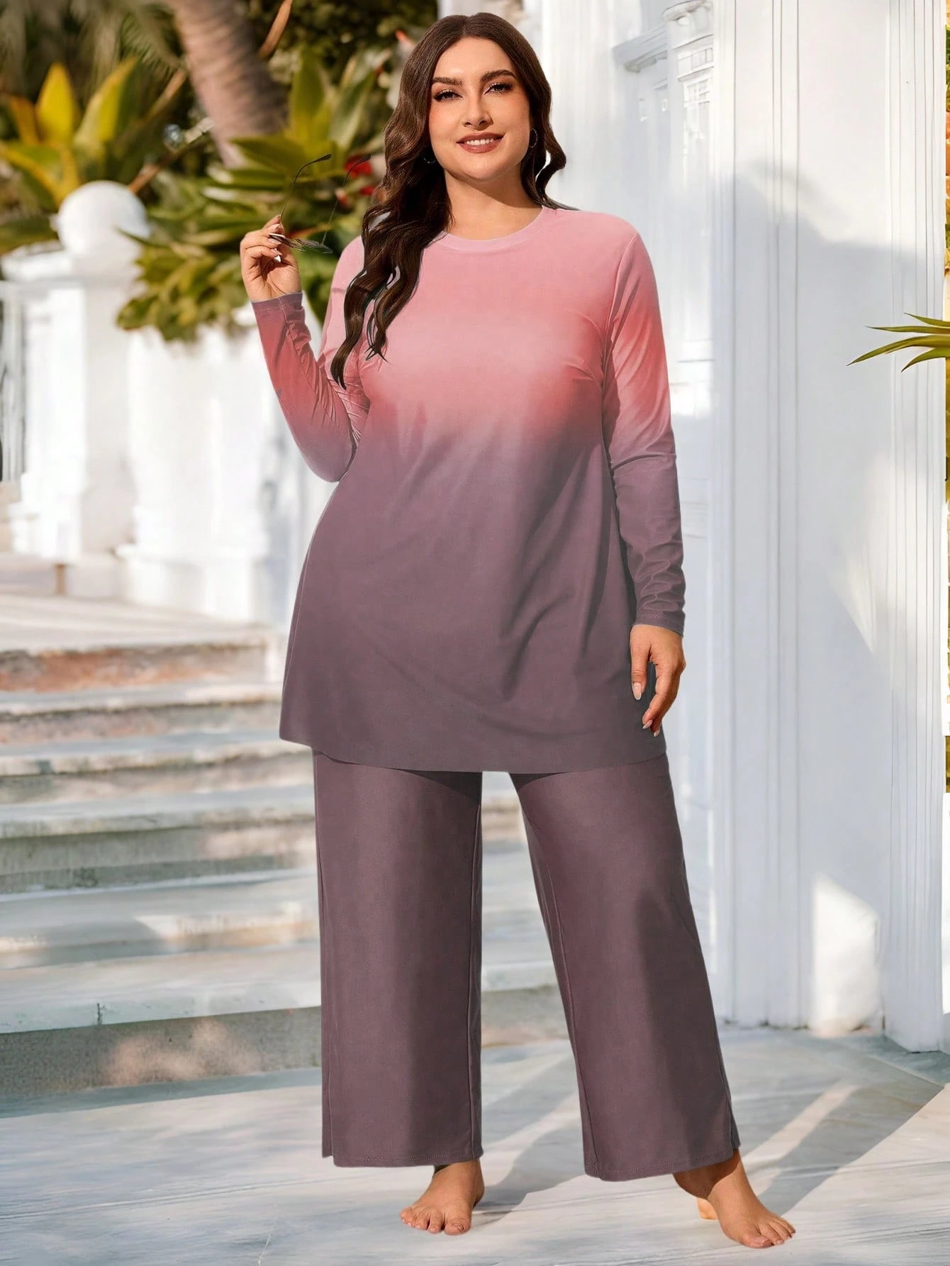 Swim Mulvari Plus Size 2pcs Ombre Gradient Print Long Sleeve Modest Bikini Swimsuit Set,Women Pink Middle Eastern Style Loose Baggy Summer Beach Holiday Vacation