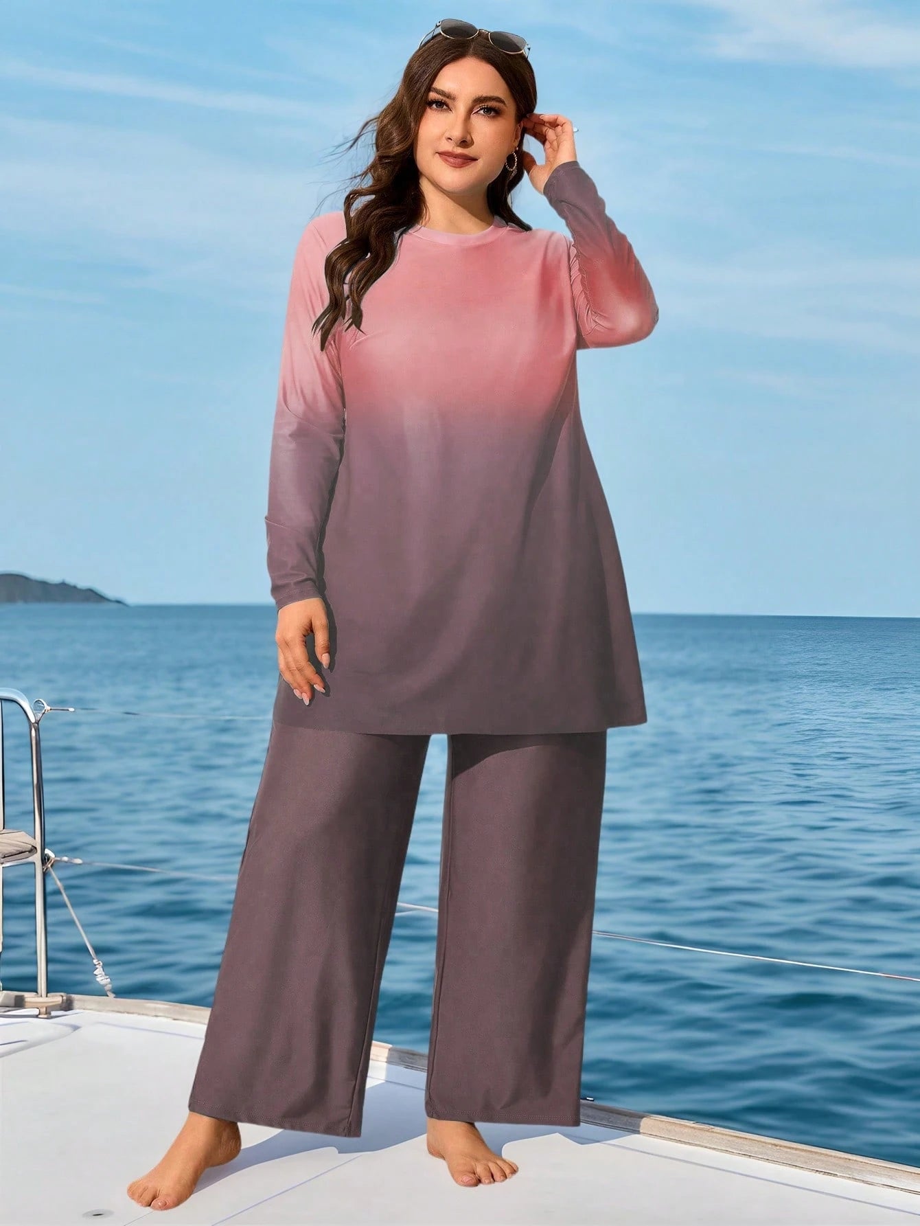 Swim Mulvari Plus Size 2pcs Ombre Gradient Print Long Sleeve Modest Bikini Swimsuit Set,Women Pink Middle Eastern Style Loose Baggy Summer Beach Holiday Vacation