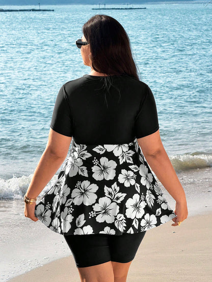 Swim Mulvari Plus Size Women 2-Piece Floral Print Round Neck Short Sleeve Dress & 7/10 Length Pants Swimwear Set