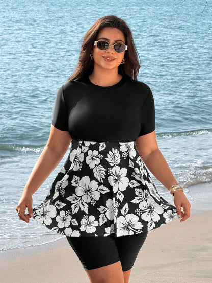 Swim Mulvari Plus Size Women 2-Piece Floral Print Round Neck Short Sleeve Dress & 7/10 Length Pants Swimwear Set