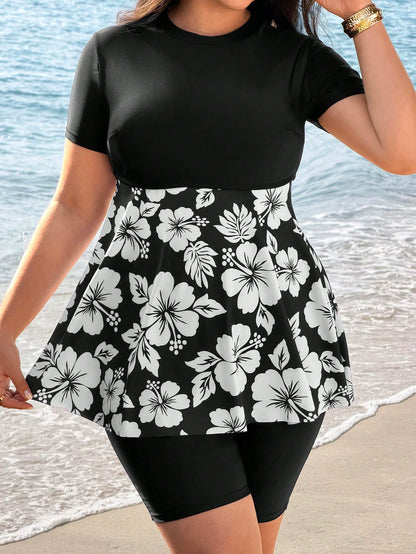 Swim Mulvari Plus Size Women 2-Piece Floral Print Round Neck Short Sleeve Dress & 7/10 Length Pants Swimwear Set