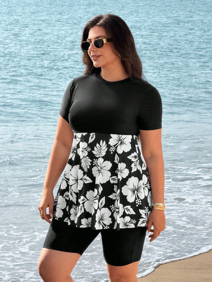 Swim Mulvari Plus Size Women 2-Piece Floral Print Round Neck Short Sleeve Dress & 7/10 Length Pants Swimwear Set
