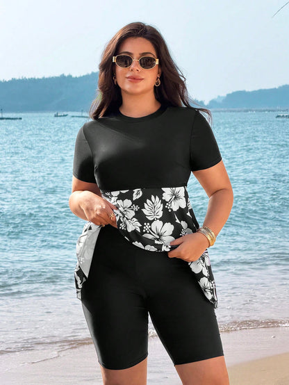 Swim Mulvari Plus Size Women 2-Piece Floral Print Round Neck Short Sleeve Dress & 7/10 Length Pants Swimwear Set