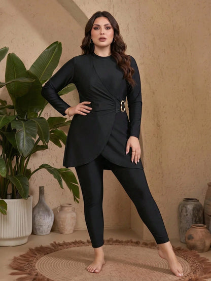 Swim Mulvari Plus Size Women 2-Piece Solid Color Slimming Tummy Control Middle East Conservative Sun Protection Full Coverage Burkini Swimsuit Set