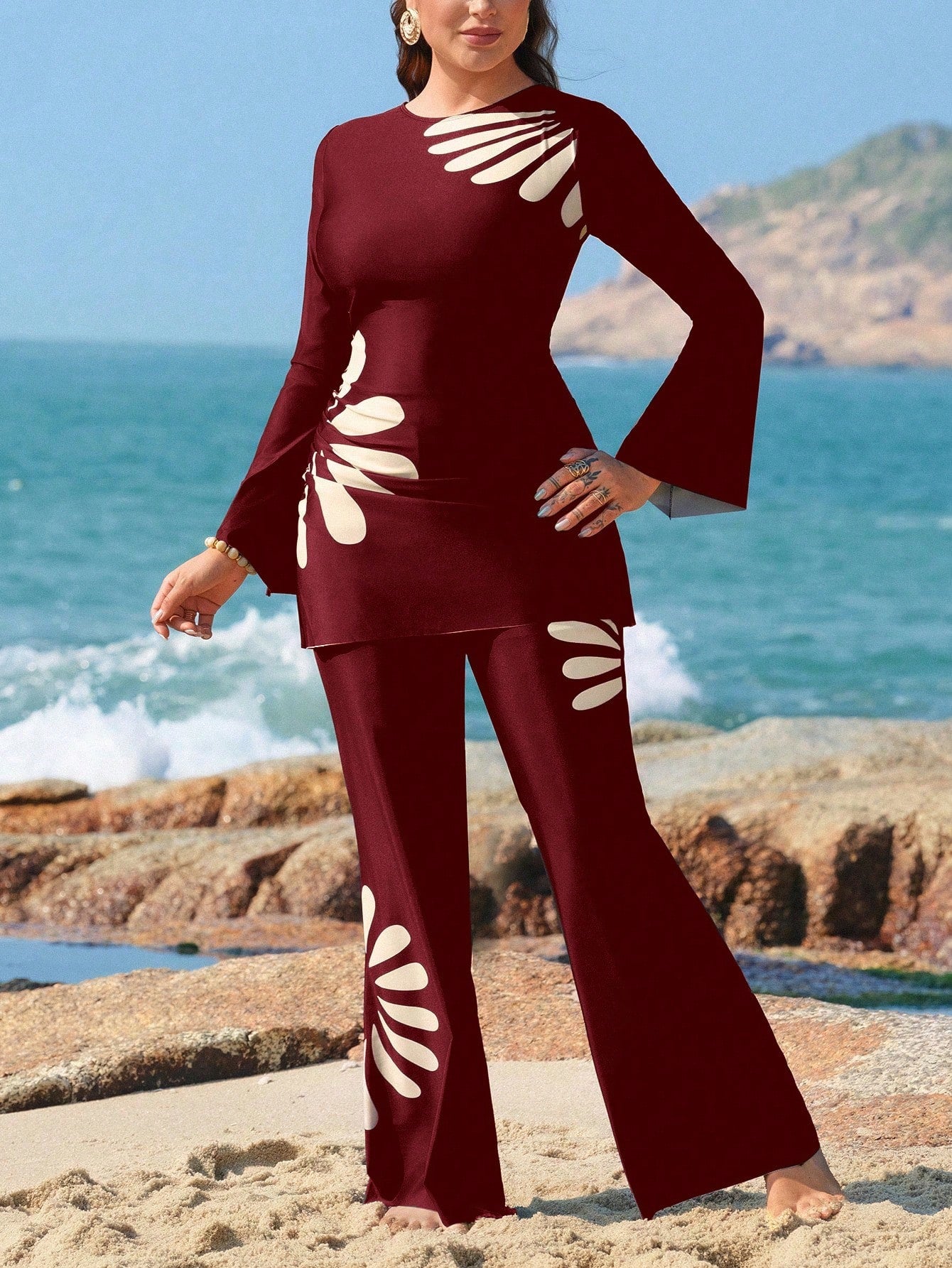 Swim Mulvari Plus Size Women 2 Pieces Swimwear, Long Sleeve & Long Pants Style, Black Digital Printed Burkini