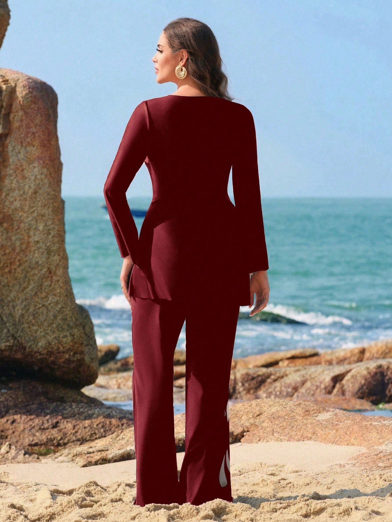 Swim Mulvari Plus Size Women 2 Pieces Swimwear, Long Sleeve & Long Pants Style, Black Digital Printed Burkini