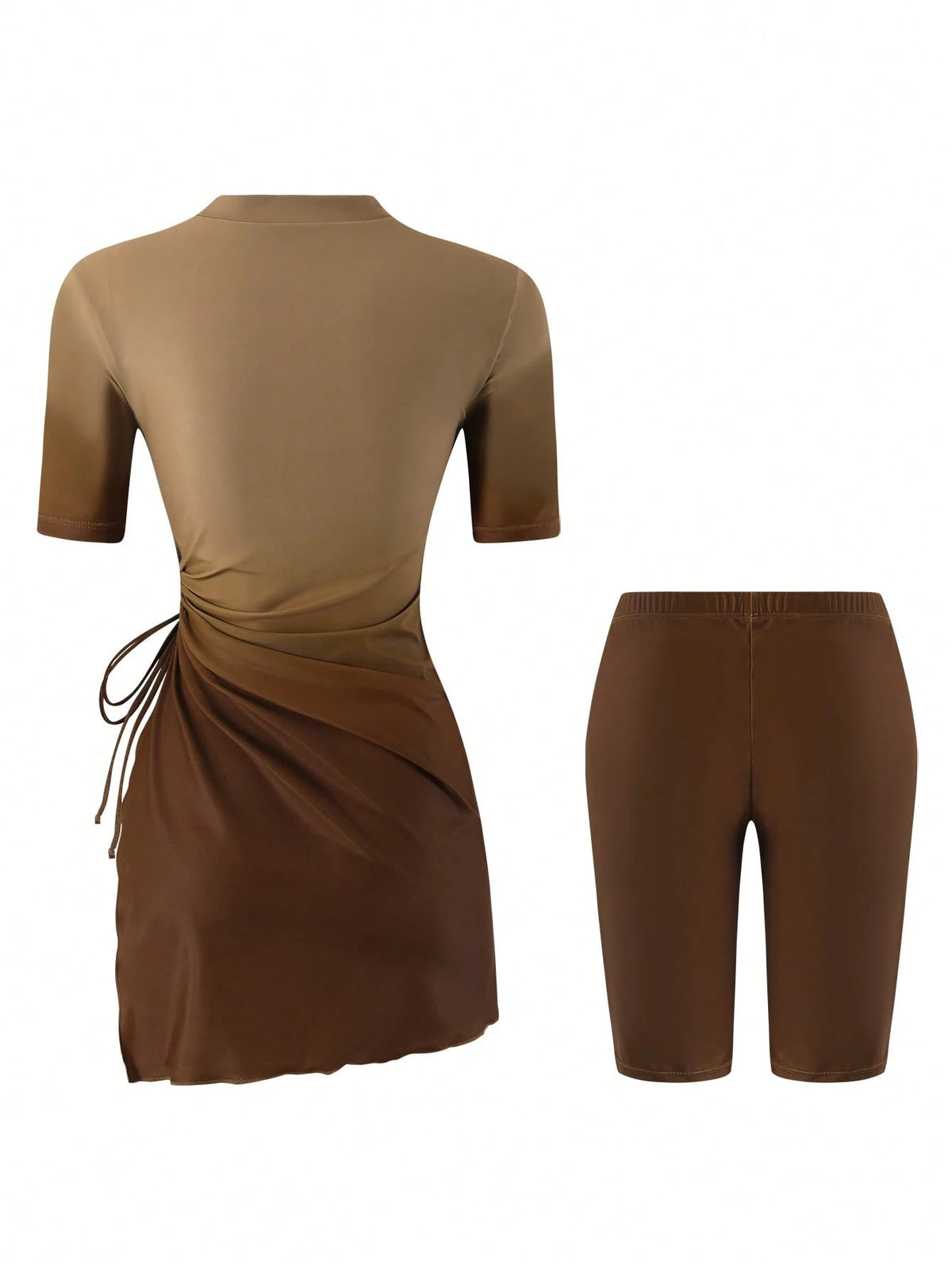 Swim Mulvari Two Pieces Brown Summer Casual Modest Beach Vacation Holiday Women Burkini Set Swimwear,Digital Printing Ombre Flyaway Knitted Elegant Party Dress