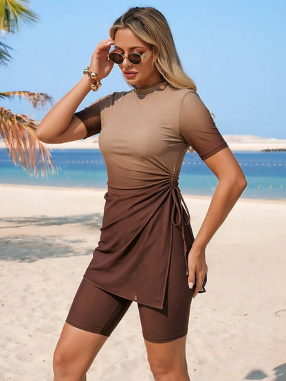 Swim Mulvari Two Pieces Brown Summer Casual Modest Beach Vacation Holiday Women Burkini Set Swimwear,Digital Printing Ombre Flyaway Knitted Elegant Party Dress