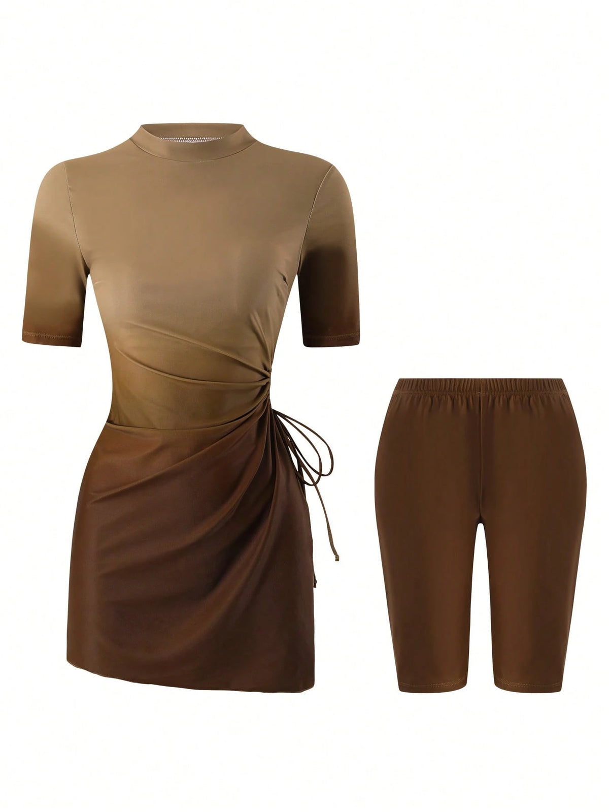 Swim Mulvari Two Pieces Brown Summer Casual Modest Beach Vacation Holiday Women Burkini Set Swimwear,Digital Printing Ombre Flyaway Knitted Elegant Party Dress