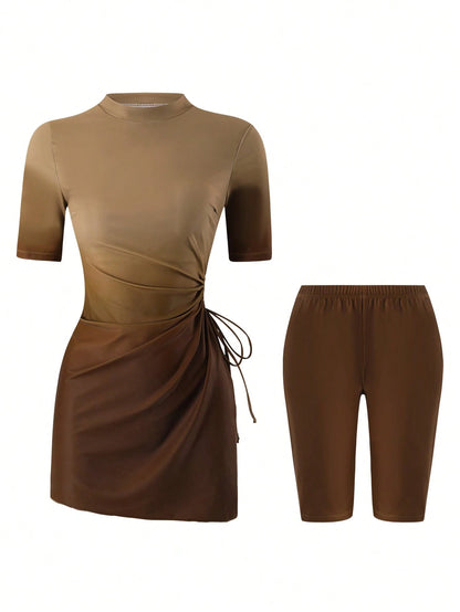 Swim Mulvari Two Pieces Brown Summer Casual Modest Beach Vacation Holiday Women Burkini Set Swimwear,Digital Printing Ombre Flyaway Knitted Elegant Party Dress