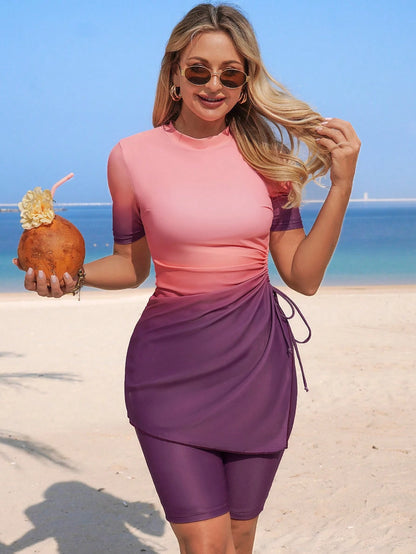 Swim Mulvari Two Pieces Brown Summer Casual Modest Beach Vacation Holiday Women Burkini Set Swimwear,Digital Printing Ombre Flyaway Knitted Elegant Party Dress