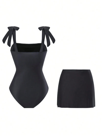 Swim Oasis 1pc Women's Black Bowknot & Floral Asymmetrical Skirt One-Piece Swimsuit, Fashion Casual Resort Wear, Suitable For Spring, Summer, Autumn, Winter