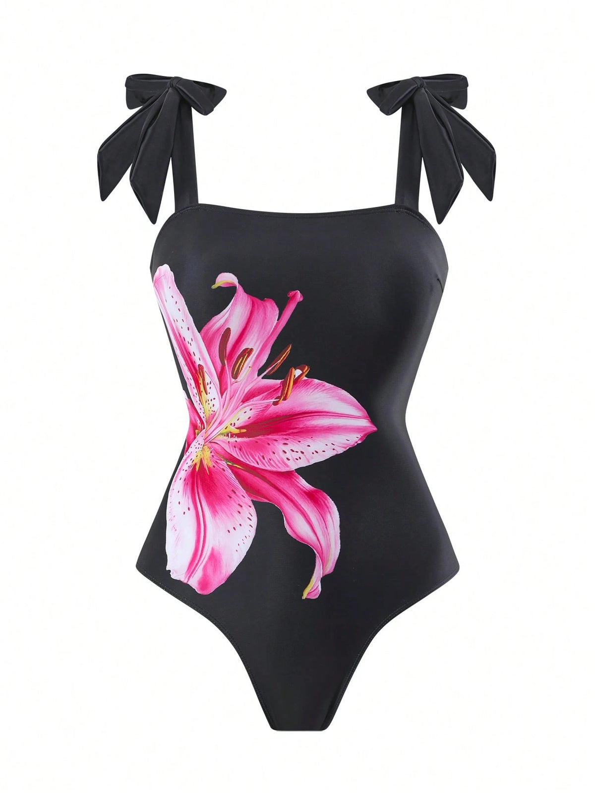 Swim Oasis 1pc Women's Black Bowknot & Floral Asymmetrical Skirt One-Piece Swimsuit, Fashion Casual Resort Wear, Suitable For Spring, Summer, Autumn, Winter