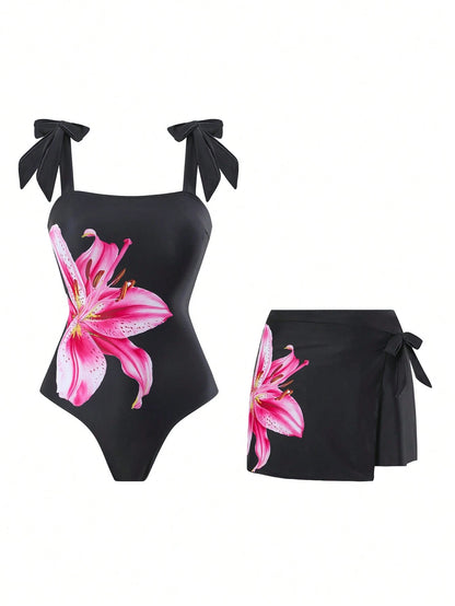 Swim Oasis 1pc Women's Black Bowknot & Floral Asymmetrical Skirt One-Piece Swimsuit, Fashion Casual Resort Wear, Suitable For Spring, Summer, Autumn, Winter
