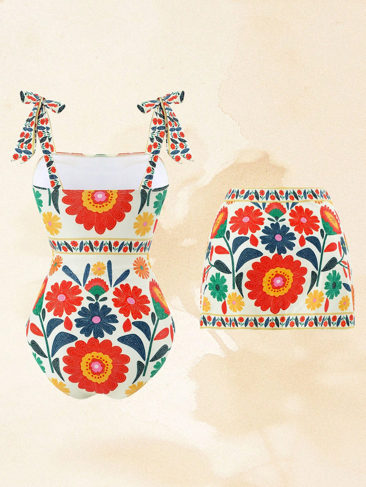 Swim Oasis 1pc Women's Black Bowknot & Floral Asymmetrical Skirt One-Piece Swimsuit, Fashion Casual Resort Wear, Suitable For Spring, Summer, Autumn, Winter