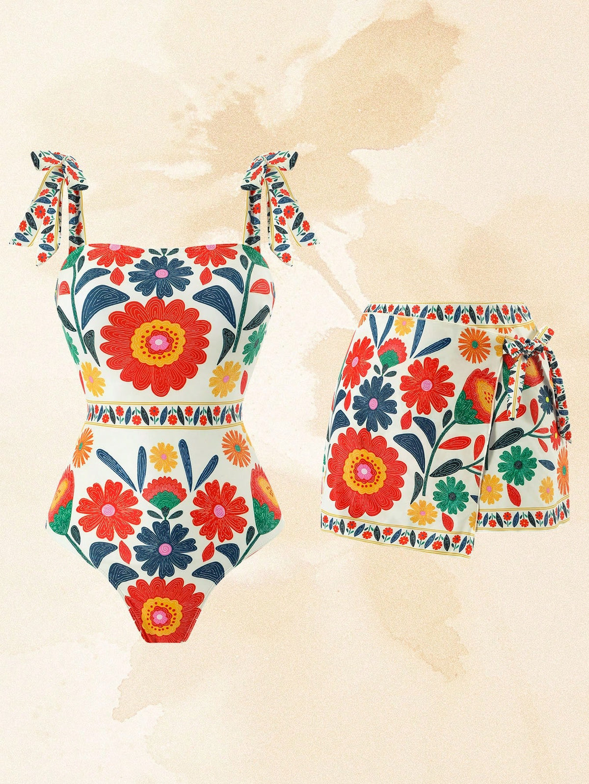 Swim Oasis 1pc Women's Black Bowknot & Floral Asymmetrical Skirt One-Piece Swimsuit, Fashion Casual Resort Wear, Suitable For Spring, Summer, Autumn, Winter