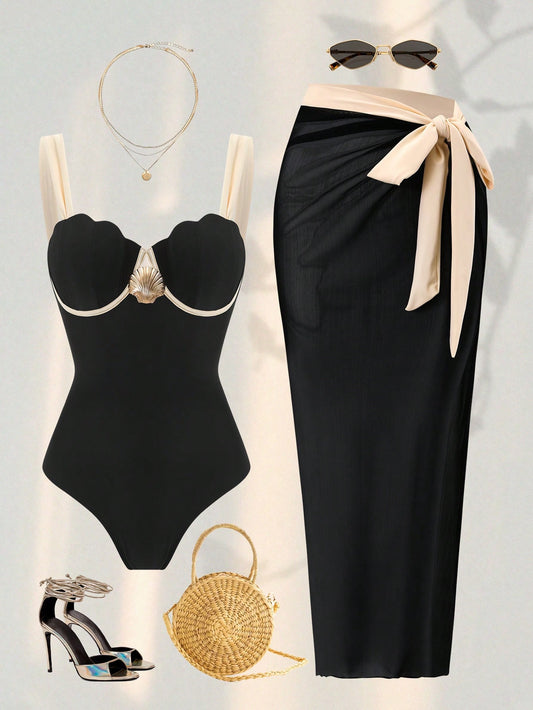 Swim Oasis 2026 Spring/Summer New Fashion Vacation Hard Cup Contrast Color Plus Size Women One-Piece Swimsuit + Skirt Premium Set Beachwear