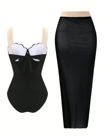 Swim Oasis 2026 Spring/Summer New Fashion Vacation Hard Cup Contrast Color Plus Size Women One-Piece Swimsuit + Skirt Premium Set Beachwear