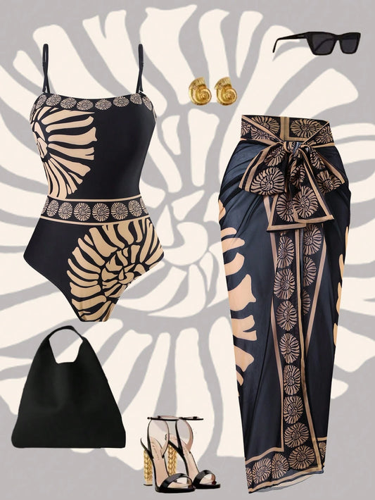 Swim Oasis 2pcs/Set 2025 New Women Two Pieces Printed Bandeau Swimsuit With Mesh Long Skirt, Beach Vacation Summer Casual Swimwear Set
