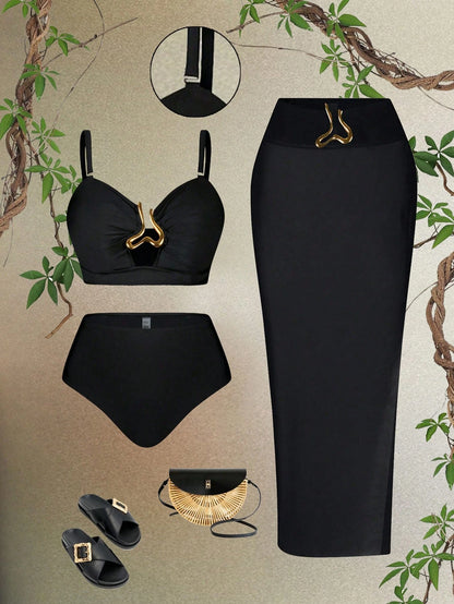 Swim Oasis 3pcs/Set Plus Size Women's Black Summer Classy Formal Beach Evening Holiday Oasis Bustier Top,Detachable Straps,Gold Accessories,High-Waisted Pants