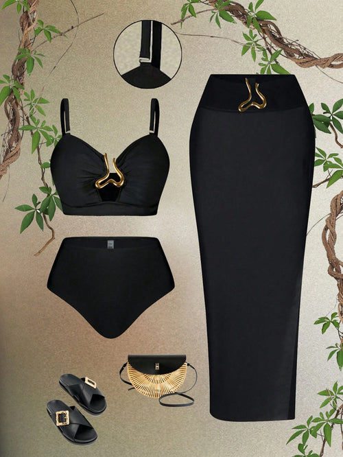Swim Oasis 3pcs/Set Plus Size Women's Black Summer Classy Formal Beach Evening Holiday Oasis Bustier Top,Detachable Straps,Gold Accessories,High-Waisted Pants