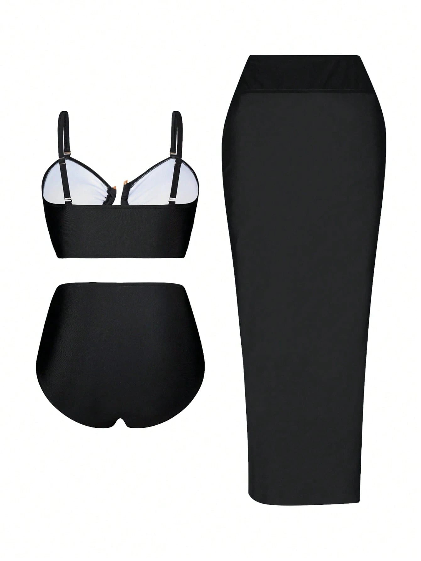 Swim Oasis 3pcs/Set Plus Size Women's Black Summer Classy Formal Beach Evening Holiday Oasis Bustier Top,Detachable Straps,Gold Accessories,High-Waisted Pants