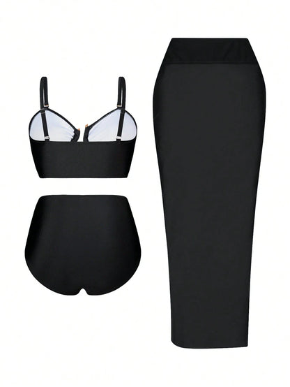 Swim Oasis 3pcs/Set Plus Size Women's Black Summer Classy Formal Beach Evening Holiday Oasis Bustier Top,Detachable Straps,Gold Accessories,High-Waisted Pants