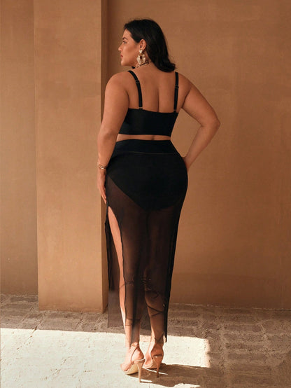 Swim Oasis 3pcs/Set Plus Size Women's Black Summer Classy Formal Beach Evening Holiday Oasis Bustier Top,Detachable Straps,Gold Accessories,High-Waisted Pants