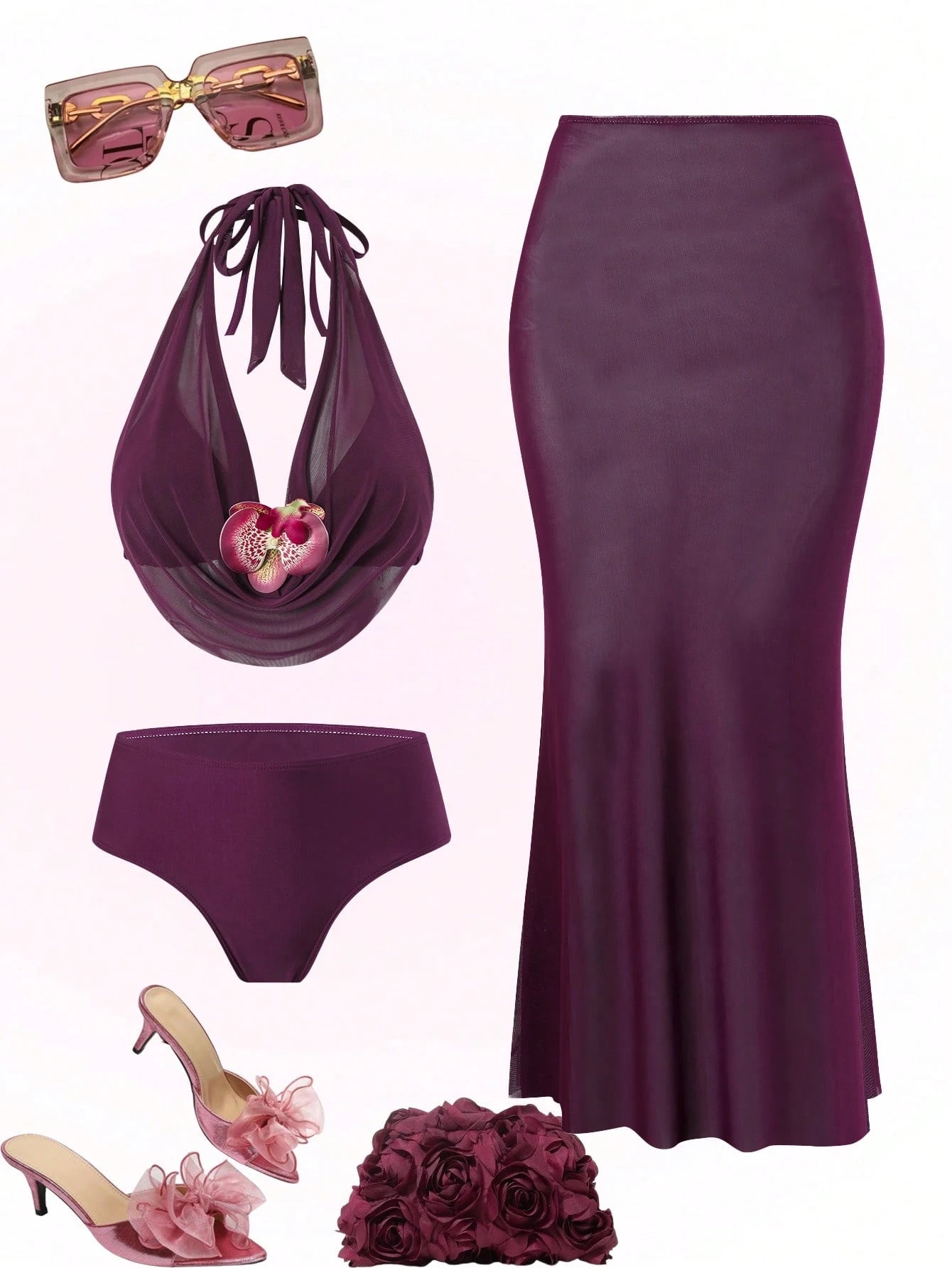 Swim Oasis Plus Size Floral Accent Sexy Solid Color Women Swimwear Set