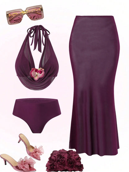 Swim Oasis Plus Size Floral Accent Sexy Solid Color Women Swimwear Set