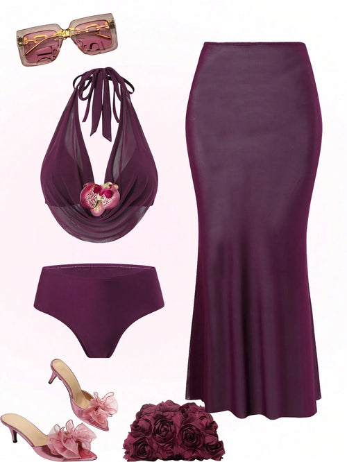 Swim Oasis Plus Size Floral Accent Sexy Solid Color Women Swimwear Set