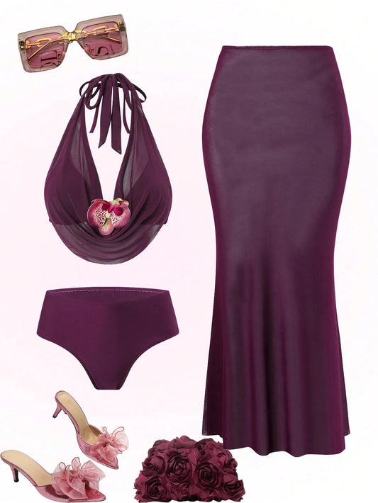 Swim Oasis Plus Size Floral Accent Sexy Solid Color Women Swimwear Set