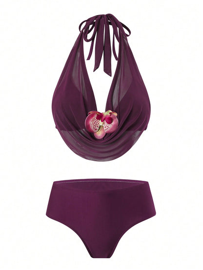 Swim Oasis Plus Size Floral Accent Sexy Solid Color Women Swimwear Set