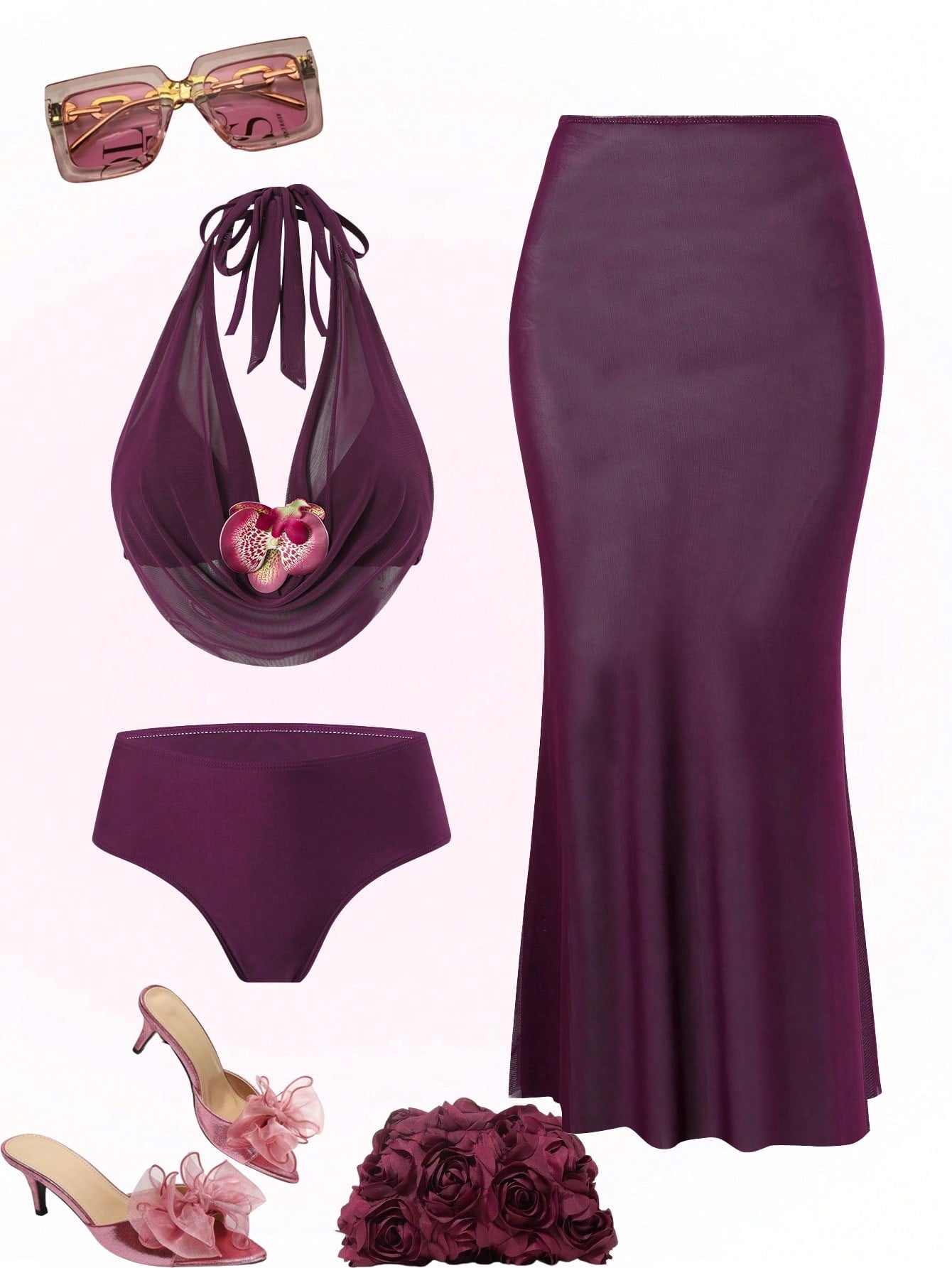 Swim Oasis Plus Size Floral Accent Sexy Solid Color Women Swimwear Set
