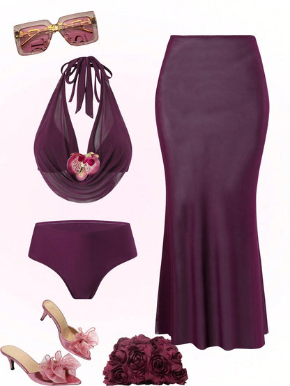 Swim Oasis Plus Size Floral Accent Sexy Solid Color Women Swimwear Set