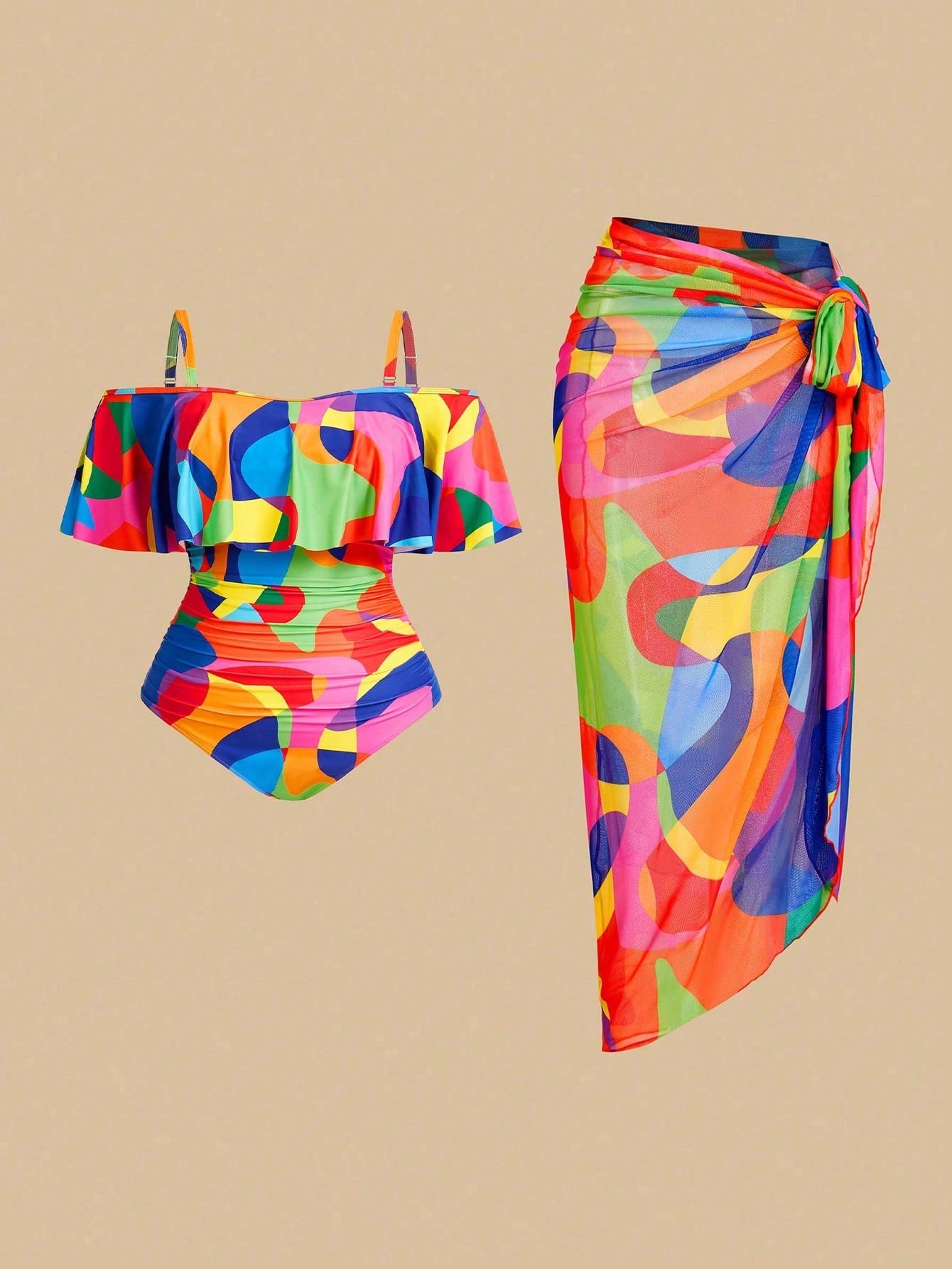 Swim Oasis Plus Size Geometric Print One Piece Swimsuit Set For Summer Beach Vacation