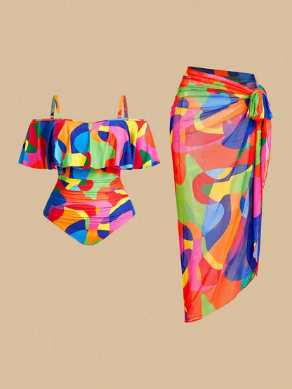 Swim Oasis Plus Size Geometric Print One Piece Swimsuit Set For Summer Beach Vacation