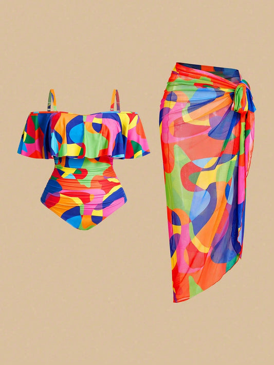 Swim Oasis Plus Size Geometric Print One Piece Swimsuit Set For Summer Beach Vacation