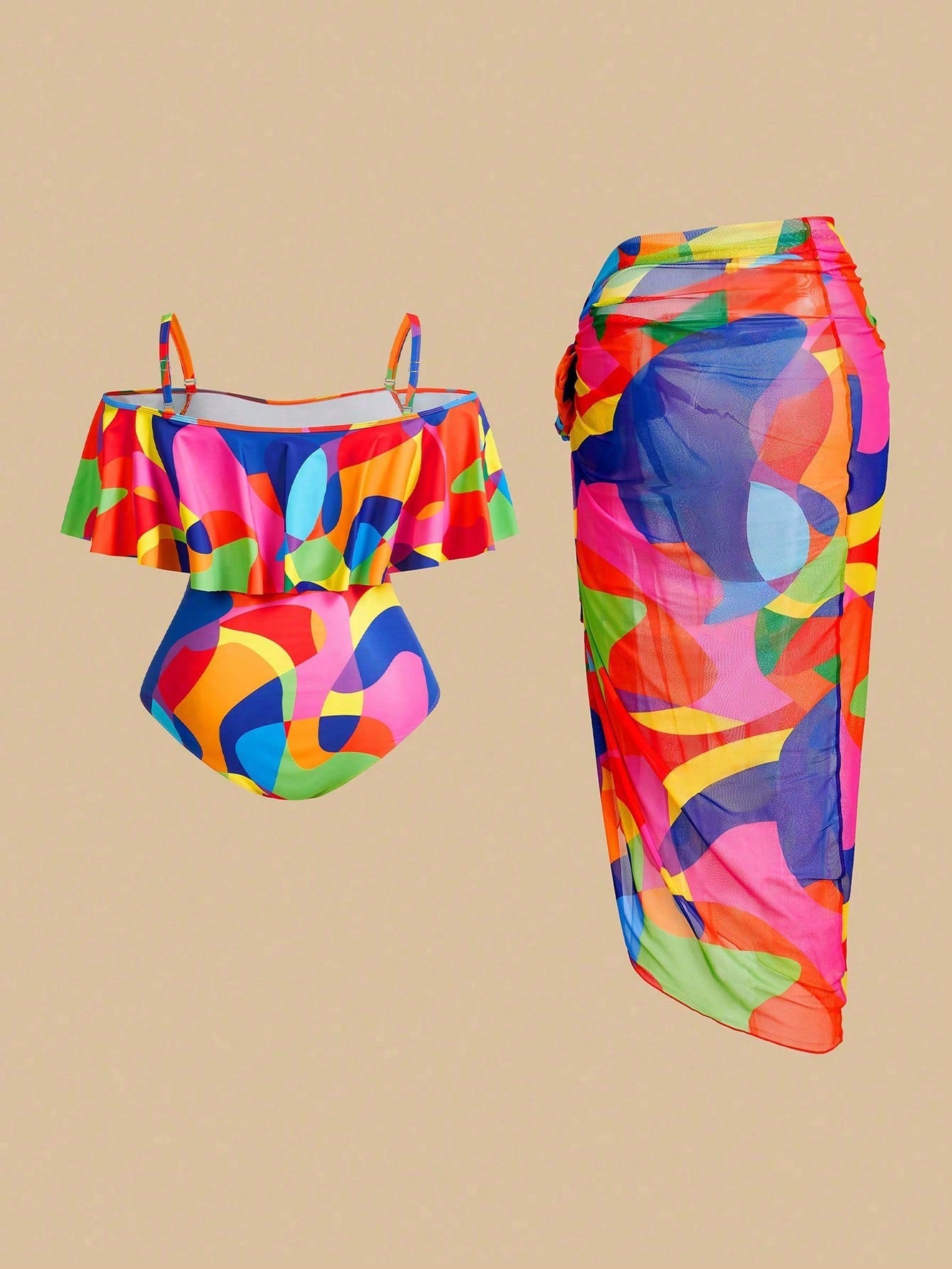Swim Oasis Plus Size Geometric Print One Piece Swimsuit Set For Summer Beach Vacation