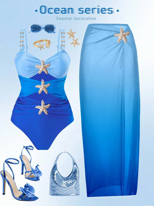 Swim Oasis Plus Size Onepiece Swimsuit, Ombre Blue To Navy Starfish Metal Decor, Simple & Elegant Beach Outfit For Women, Summer