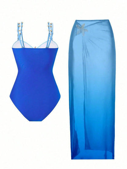 Swim Oasis Plus Size Onepiece Swimsuit, Ombre Blue To Navy Starfish Metal Decor, Simple & Elegant Beach Outfit For Women, Summer
