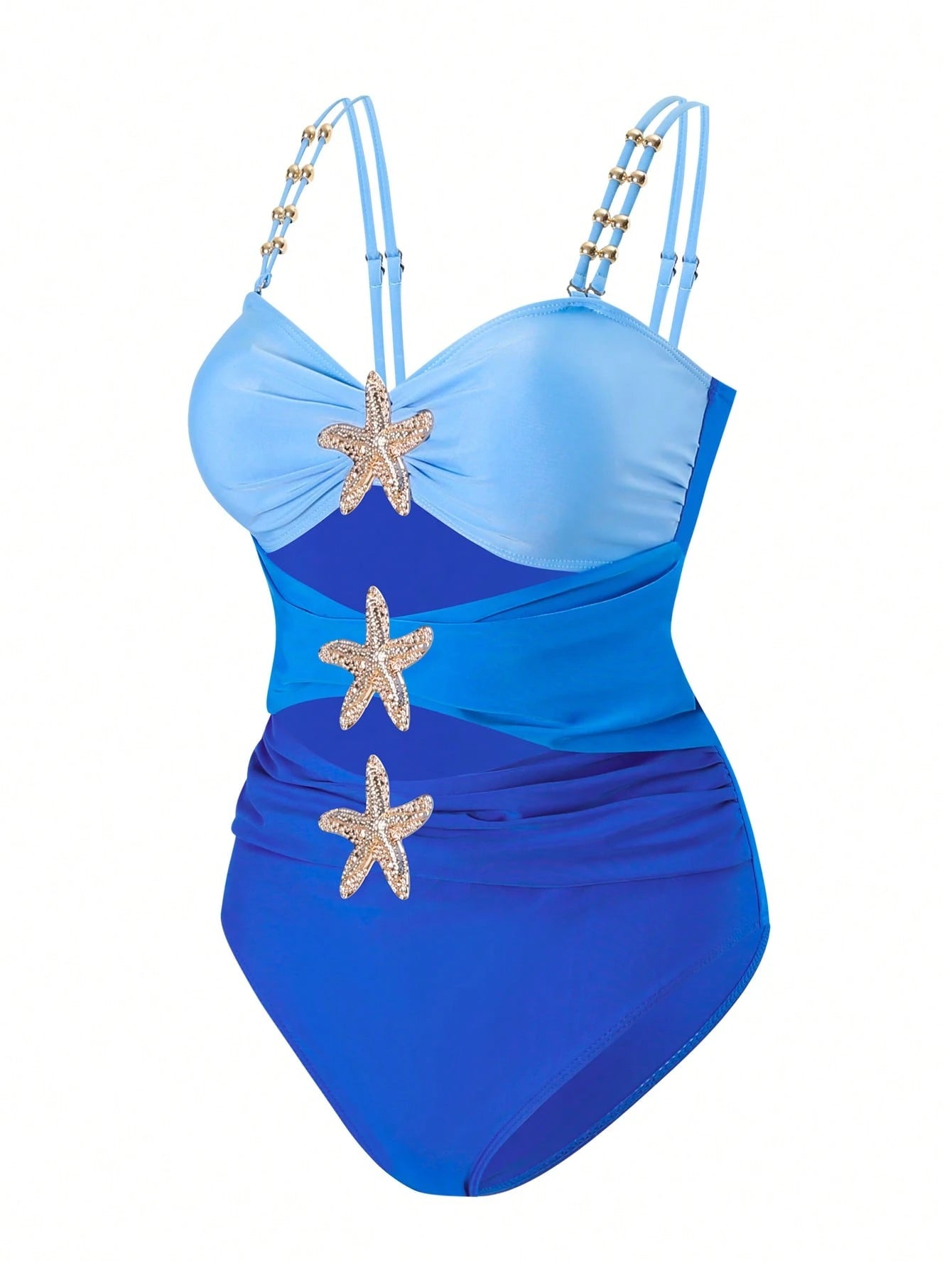 Swim Oasis Plus Size Onepiece Swimsuit, Ombre Blue To Navy Starfish Metal Decor, Simple & Elegant Beach Outfit For Women, Summer