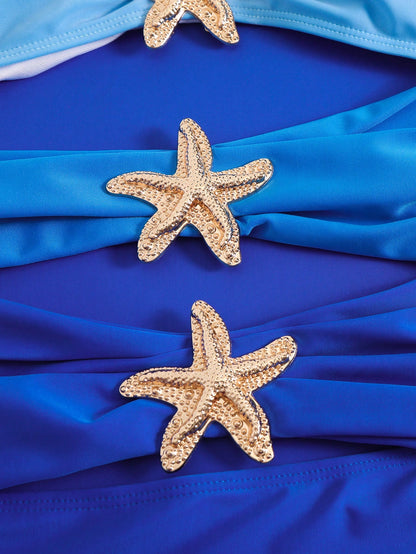 Swim Oasis Plus Size Onepiece Swimsuit, Ombre Blue To Navy Starfish Metal Decor, Simple & Elegant Beach Outfit For Women, Summer