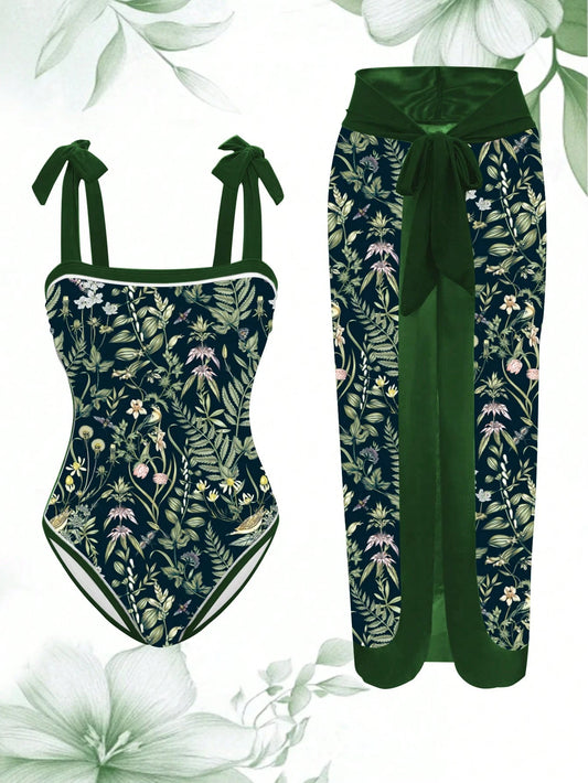 Swim Oasis Plus Size Tropical Plant Print Twist Adjustable Strap One-Piece Swimsuit With Matching Skirt For Summer Beach Vacation