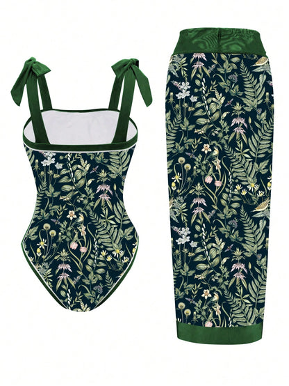 Swim Oasis Plus Size Tropical Plant Print Twist Adjustable Strap One-Piece Swimsuit With Matching Skirt For Summer Beach Vacation