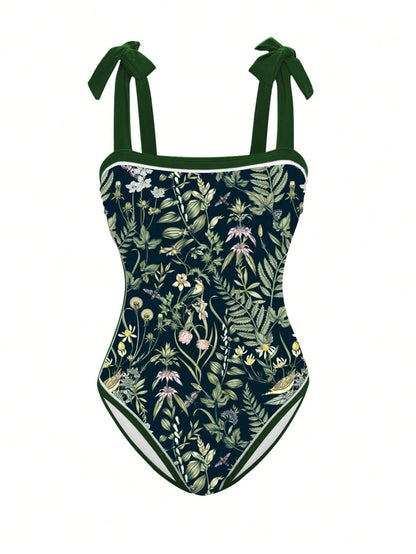 Swim Oasis Plus Size Tropical Plant Print Twist Adjustable Strap One-Piece Swimsuit With Matching Skirt For Summer Beach Vacation