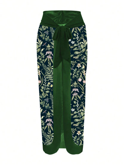 Swim Oasis Plus Size Tropical Plant Print Twist Adjustable Strap One-Piece Swimsuit With Matching Skirt For Summer Beach Vacation