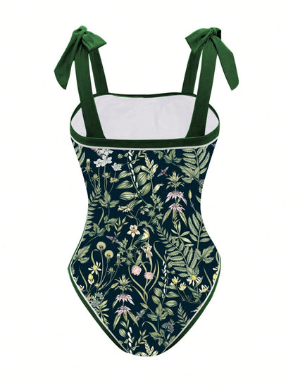 Swim Oasis Plus Size Tropical Plant Print Twist Adjustable Strap One-Piece Swimsuit With Matching Skirt For Summer Beach Vacation