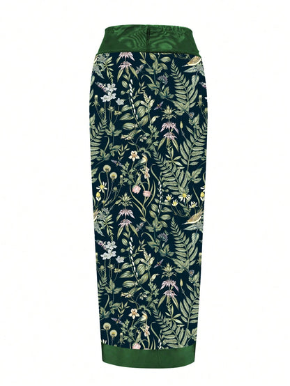 Swim Oasis Plus Size Tropical Plant Print Twist Adjustable Strap One-Piece Swimsuit With Matching Skirt For Summer Beach Vacation